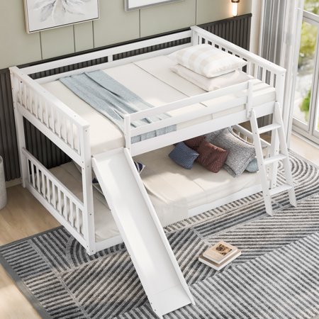 Nestfair White Full over Full Bunk Bed with Convertible Slide and Ladder