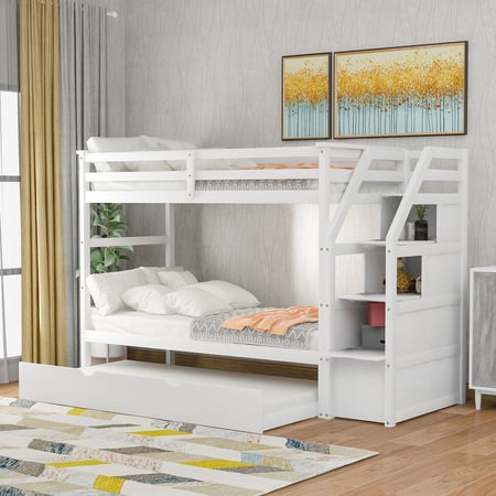 Nestfair White Twin-Over-Twin Bunk Bed with Twin Size Trundle