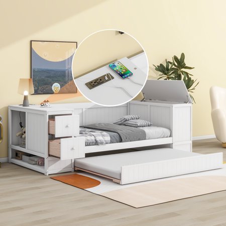 Nestfair White Twin Size Wood Daybed with Storage Arms, Trundle and Charging Station