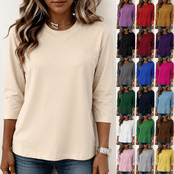 Nestiefly 3/4 Length Sleeve Womens Tops Dressy Casual Crew Neck T Shirts Loose Fit Three Quarter Sleeve Tops Woman Gray 2XL
