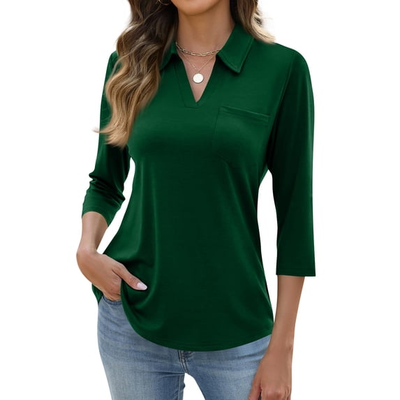 Nestiefly 3/4 Sleeve Tops for Women's V Neck Collared Polo Shirts Dressy Three Quarter Sleeve Tops Golf Shirt with Chest Pocket Dark Green XL