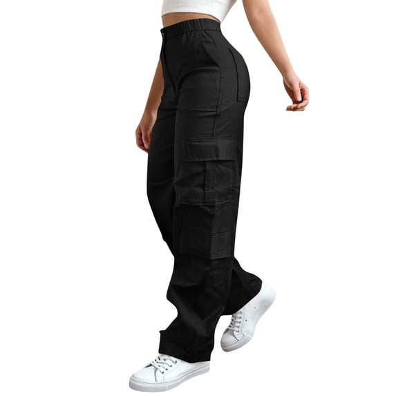 Nestiefly Baggy Cargo Pants Women Elastic Waist Hiking Athletic Straight Leg high Waisted Work Trousers with Multi-Pockets Black S