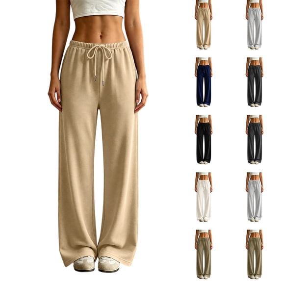 Nestiefly Baggy Sweatpants for Women Fleece Wide Leg Low Rise Drawstring Pants Elastic Waist Fall Winter Joggers Sweat Shirts Khaki XL