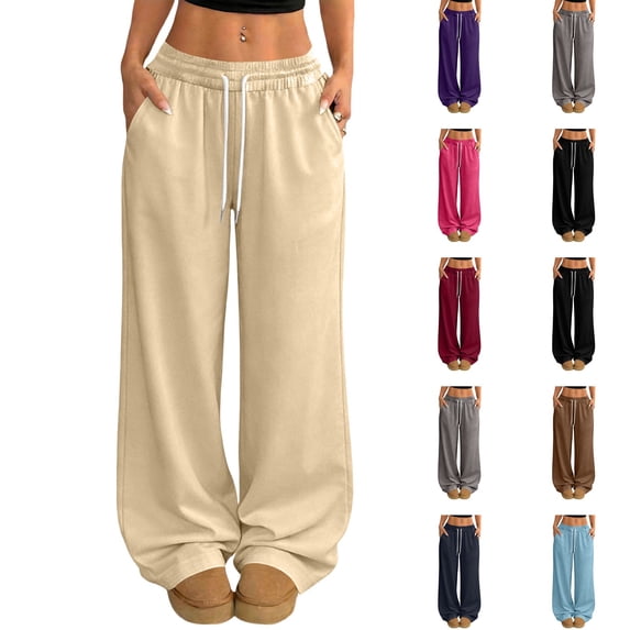 Nestiefly Baggy Wide Leg Sweatpants Women Comfy Y2k Low Rise Sweat Pants Lightweight Joggers Pants with Pockets Beige L