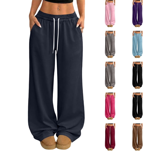 Nestiefly Baggy Wide Leg Sweatpants Women Comfy Y2k Low Rise Sweat Pants Lightweight Joggers Pants with Pockets Navy M