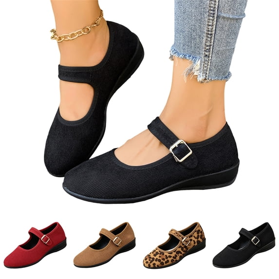 Nestiefly Ballet Flats for Women Round Toe Mary Jane Shoes Comfortable Dressy Women Flats Adjustable Straps Slip On Shoes Red Wide 8.5