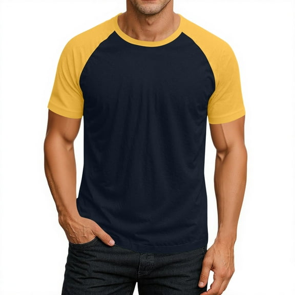 Nestiefly Basic Casual Men Shirt Short Sleeve Raglan Sleeve Elastic Tennis T-Shirts Crewneck Cotton Workout Pullover Yellow XL