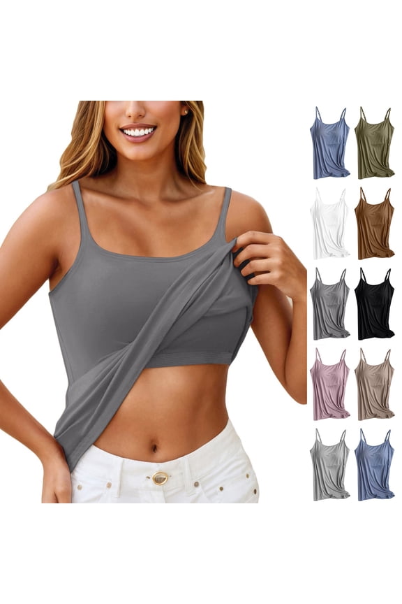 Built in Bra Tank Tops for Women Wireless Adjustable Spaghetti Strap Padded Camisole Yoga Workout Top Summer Sleeveless Nightgown Sleepwear 2026 Light Gray M