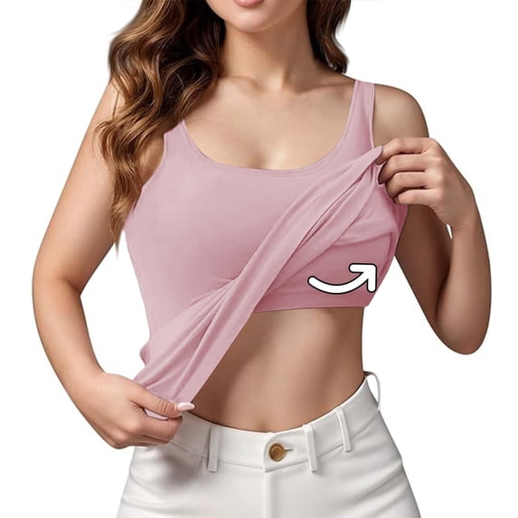 Nestiefly Built in Bra Tank Tops for Women U Neck Spaghetti Strap Shelf Bras Camisole Summer Workout Yoga Slim Sleeveless Tunic Pink M