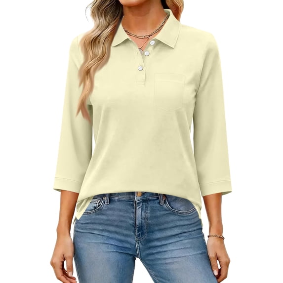 Nestiefly Button Down Shirts for Women Casual Lapel Short 3/4 Sleeve Solid Color Shirts Tennis Golf Business Casual Polo Shirts Beige S