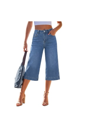 Capri Jeans for Women Wide Leg Trendy High Waisted Casual Summer Stretchy Denim Culottes Capri Pants with Pocket Blue XL