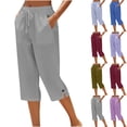 thumbnail image 1 of Nestiefly Capri Pants for Women Cotton Elastic Waist Drawstring Cropped Summer Wide Leg Capris with Pockets Button Slit Hem Light Blue M, 1 of 8