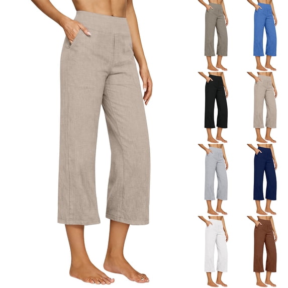 Nestiefly Capri Pants for Women Cotton Linen High Waist Pull On Wide Leg Cropped with Pockets Capris Summer Yoga Vacation Blue S