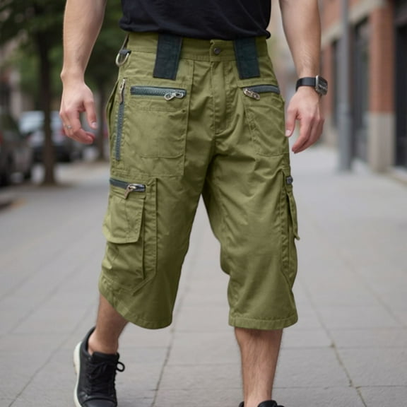 Nestiefly Cargo Short Pant for Men Elastic Waist Wide Leg Stretch Athletic Long Shorts 3/4 Below Knee Plus Size Work Capri Pants with 7 Pockets Light Green 3XL