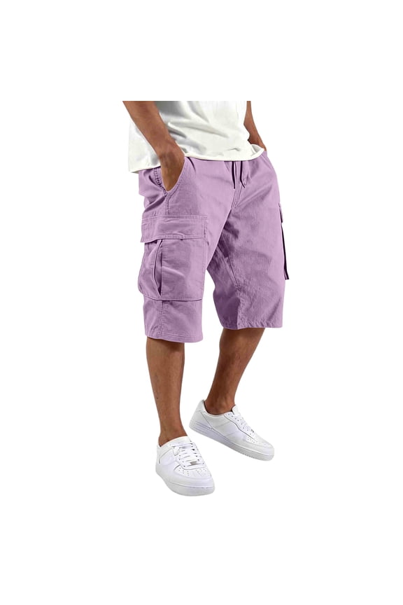 Cargo Shorts for Men Stretch Twill Bermuda Shorts Knee Length Drawstring Elastic Waist Work Short Pants with Pockets Purple 4XL
