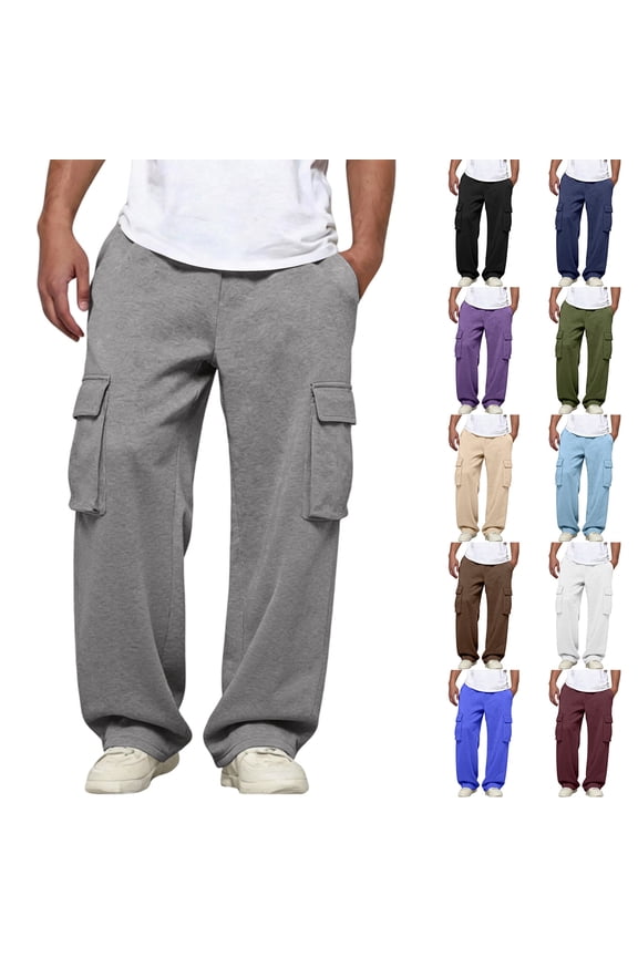 Cargo Sweatpants for Men Straight Wide Leg Baggy Pants High Rise Elastic Jogger Sweatpant Stretch Trouser with Pockets Light Blue XL