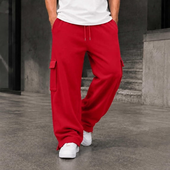 Nestiefly Cargo Sweatpants for Men with Pockets Casual Fleece Wide Leg Baggy Pants Elastic Waist Drawstring Jogger Sweat Pants Red S
