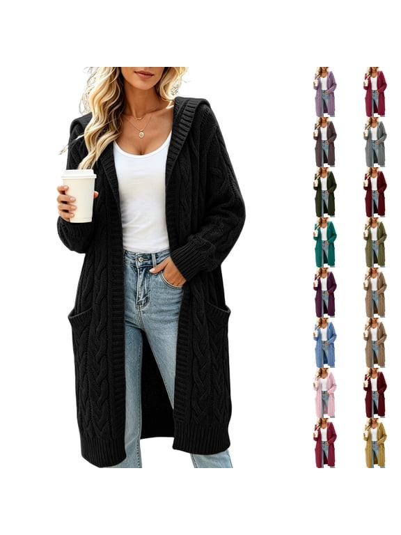 Chunky Cardigan for Women Open Front Knitted Oversized Coats Hooded Cable Knit Long Duster Sweater Black XL