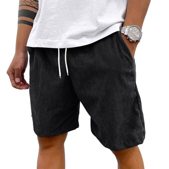 Nestiefly Corduroy Shorts Men Drawstring Stretch Soft Clothes Bermuda Athletic Cargo Pants with Pockets Summer Comfy Baggy Sport Lounge Black M