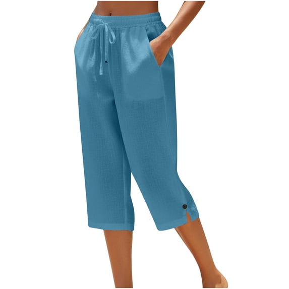 Nestiefly Cotton Linen Capri Pants for Women Loose Fit Straight Leg Drawstring Elastic Waist Cropped Pant Casual Summer Clothes Blue 2XL