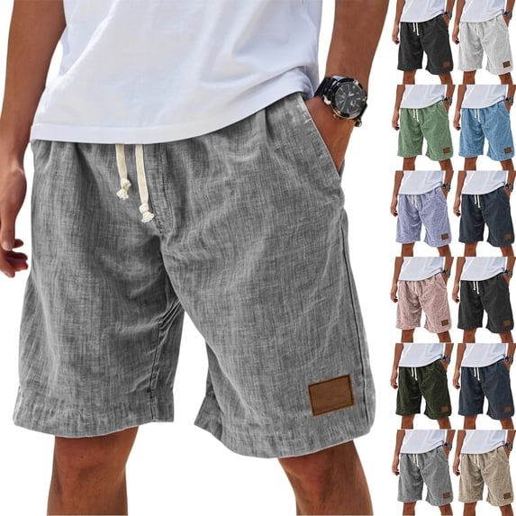 Nestiefly Cotton Linen Shorts Men Elastic Waist Knee Length Beach Shorts Lightweight Big and Tall Casual Short with Pockets Khaki 4XL