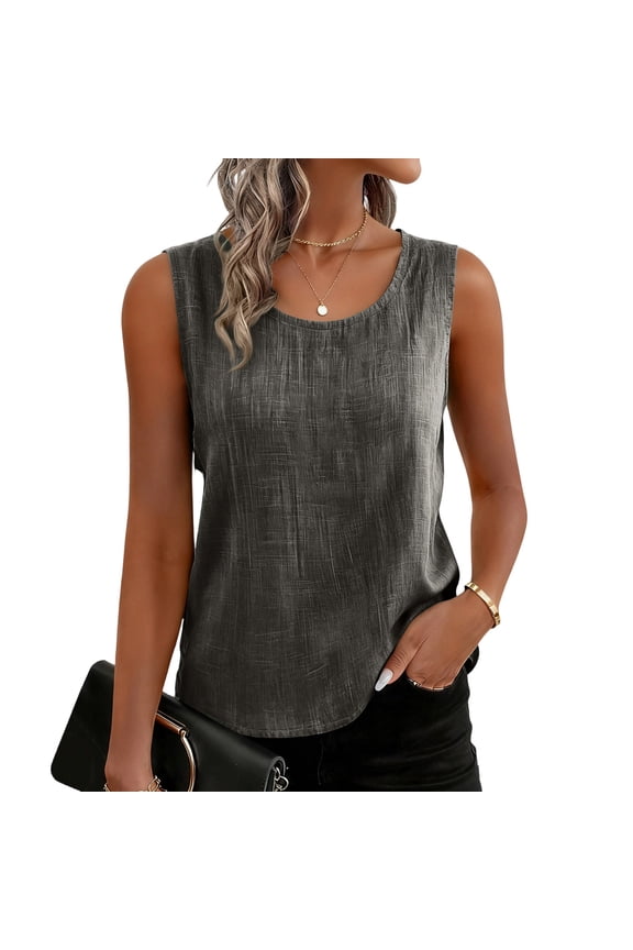 Cotton Linen Tank Tops for Women Boho Summer 2026 Gauze Shirts Sleeveless Loose Fit Plus Size Beach Clothes Dark Gray 5XL
