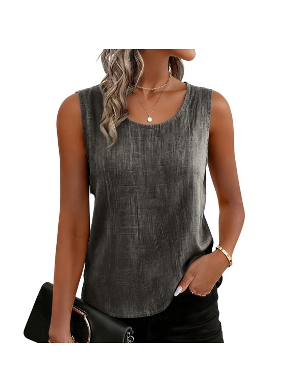 Cotton Linen Tank Tops for Women Boho Summer 2026 Gauze Shirts Sleeveless Loose Fit Plus Size Beach Clothes Dark Gray M