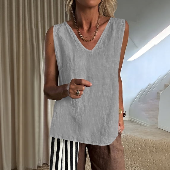 Nestiefly Cotton Linen Tank Tops for Women V Neck Causal Sleeveless Summer Gauze Linen Shirts Plus Size Camisole Summer 2026 Light Gray L