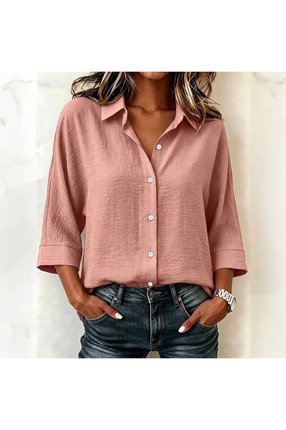Cotton Linen Tops for Women Gauze 3/4 Sleeve V Neck Oversized Button Down Blouses Loose Fit Casual Summer Office Clothes 2026 Pink L