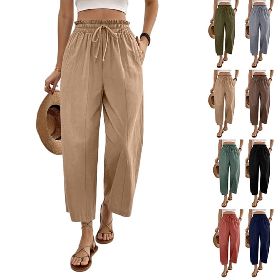 Nestiefly Cropped Linen Wide Leg Pants for Women Summer Casual Flowy Palazzo Pants High Waisted Beach Trousers with Pockets Black M