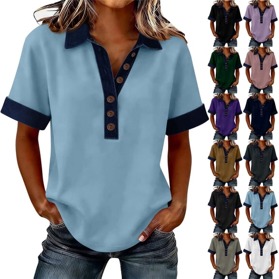Nestiefly Denim Button Down Shirt Women Lapel Collar Short Sleeve Patchwork Comfort V Neck Casual Tunic Jean Blouses Dark Gray S