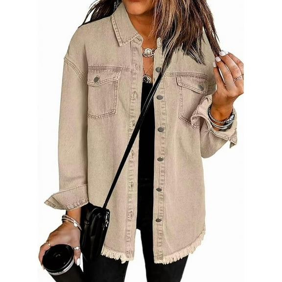 Nestiefly Denim Jackets for Women Trendy Oversized Button Up Hem Long Sleeve Denim Jean Jacket