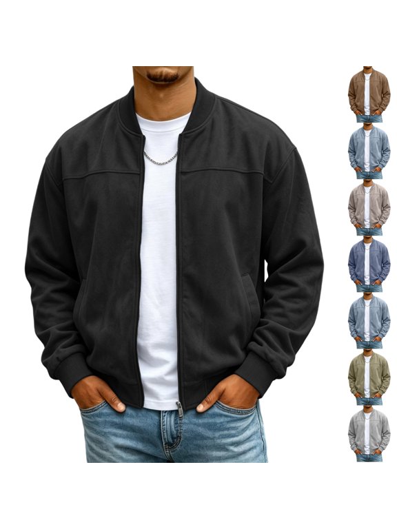 Faux Suede Bomber Jacket for Men Lightweight Fleece Zip Up Jacket with Pockets Winter Fall Windproof Travel Clothes Black S