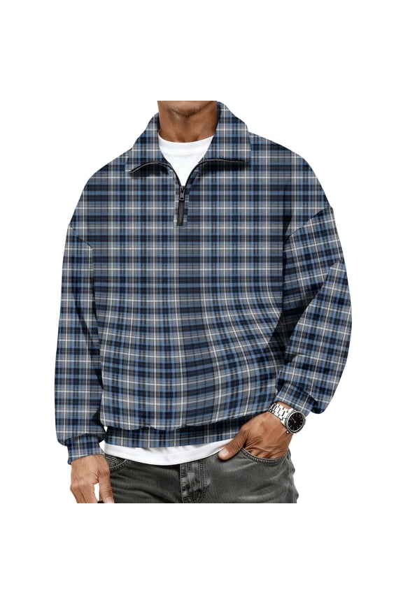 Flannel Shirt for Men 2026 Fashion Long Sleeve Plaid Quarter Zip Henley Pullover Sweatshirts Casual Fall Clothes Blue S