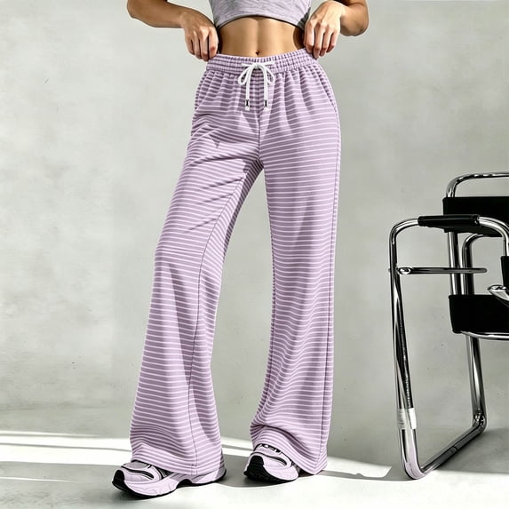 Nestiefly Flare Sweatpants for Women Baggy Striped High Waist Yoga Sweat Pants Bell Bottoms Y2K Flare Leg Lounge Pants Light Purple L