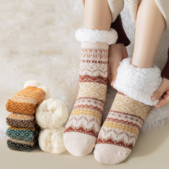 Nestiefly Fuzzy Slipper Socks for Women with Grip Dots, Non Slip Cozy Winter Gifts | Plush Sherpa Lining, Stretch Knit Beige