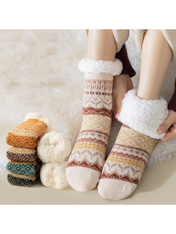 Fuzzy Slipper Socks for Women with Grip Dots, Non Slip Cozy Winter Gifts | Plush Sherpa Lining, Stretch Knit Beige