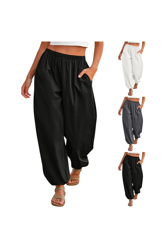 Harem Pants for Women Cotton Linen Yoga Boho Palazzo Pants with Pockets High Waisted Elastic Loose Lightweight Trousers Black S