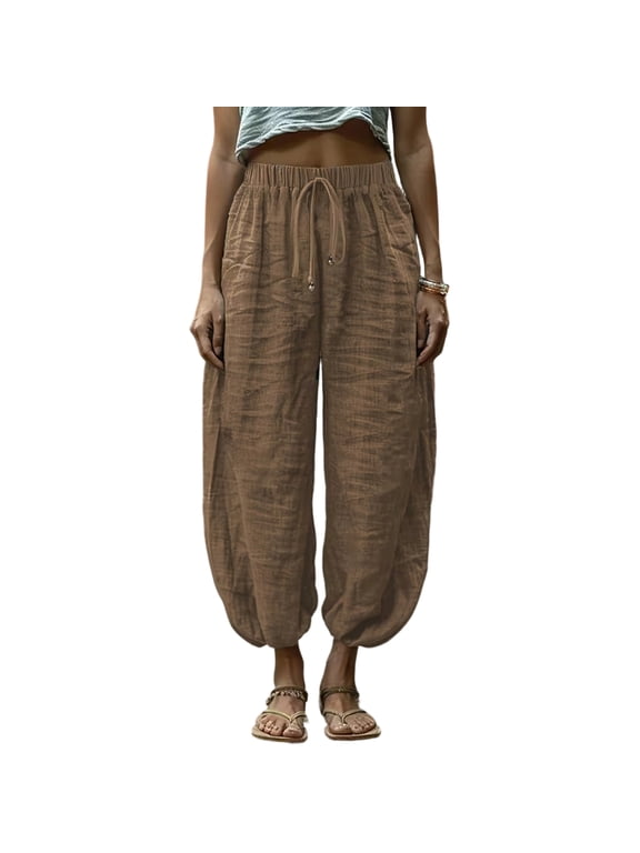 Harem Pants for Women Cotton Linen Yoga Boho Palazzo Pants with Pockets High Waisted Elastic Loose Lightweight Trousers Coffee XL