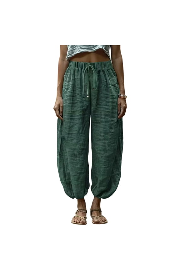 Harem Pants for Women Cotton Linen Yoga Boho Palazzo Pants with Pockets High Waisted Elastic Loose Lightweight Trousers Green 2XL