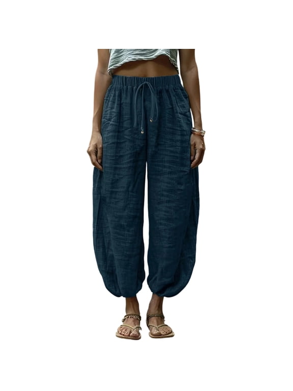Harem Pants for Women Cotton Linen Yoga Boho Palazzo Pants with Pockets High Waisted Elastic Loose Lightweight Trousers Navy 2XL