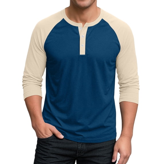 Nestiefly Henley Shirt Men 3/4 Sleeve Color Block Raglan - Casual Fashion Baseball Style Tee Shirts Navy M