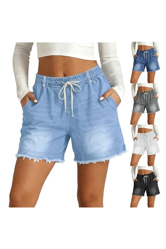 Jean Shorts for Women High Waisted Distressed Drawstring Pull On Elastic Waist Stretchy Ripped Frayed Hem Denim Shorts Wide Leg Sky Blue L