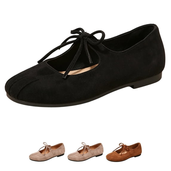 Nestiefly Lace Up Ballet Flats For Women Mary Jane Round Toe Faux Suede Shoes Slip On Low Heel Arch Support Casual Sneakers Black US-9