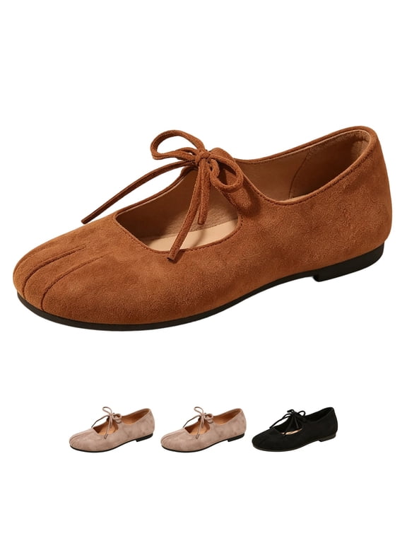 Lace Up Ballet Flats For Women Mary Jane Round Toe Faux Suede Shoes Slip On Low Heel Arch Support Casual Sneakers Brown US-8