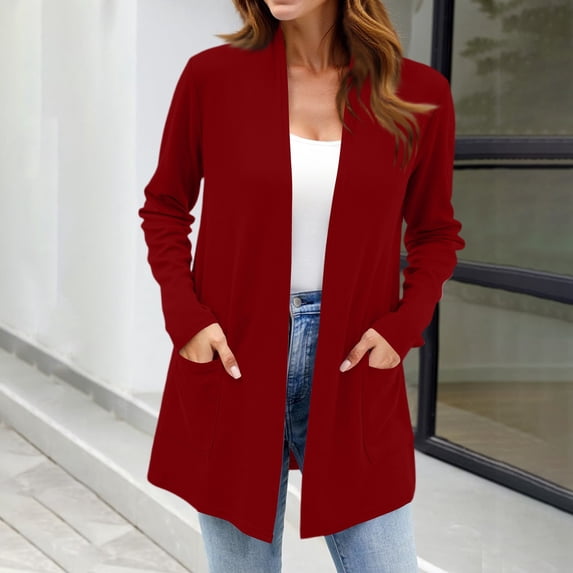 Nestiefly Lightweight Cardigan for Women 2026 Long Sleeve Open Front Casual Cardigans with Pockets Wine 2XL