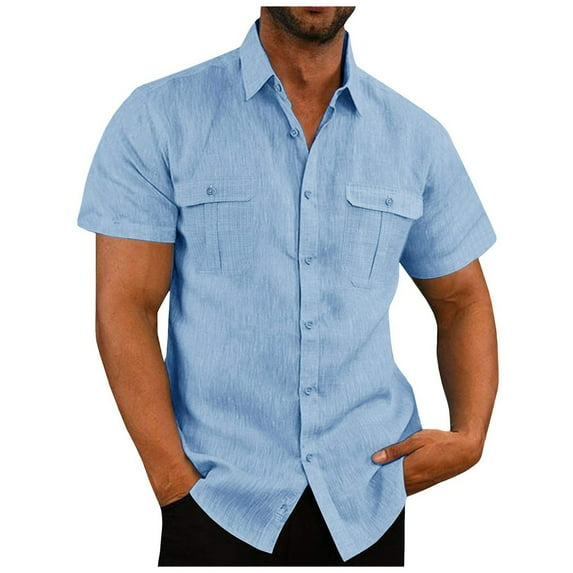 Nestiefly Linen Button Down Shirt Men Short Sleeve Button Down Collared Hawaiian Formal Dress Shirts Vintage Beach Polo Shirts Light Blue M