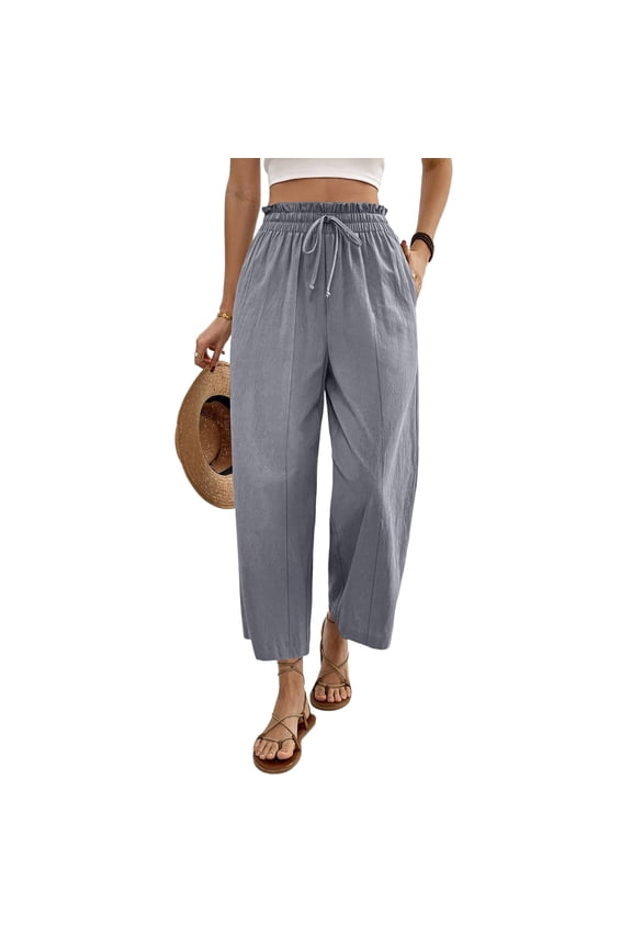 Linen Capri Pants for Women High Waisted Wide Leg Pants Lightweight Flowy Cropped Trousers Drawstring Beach Capris Gray XL