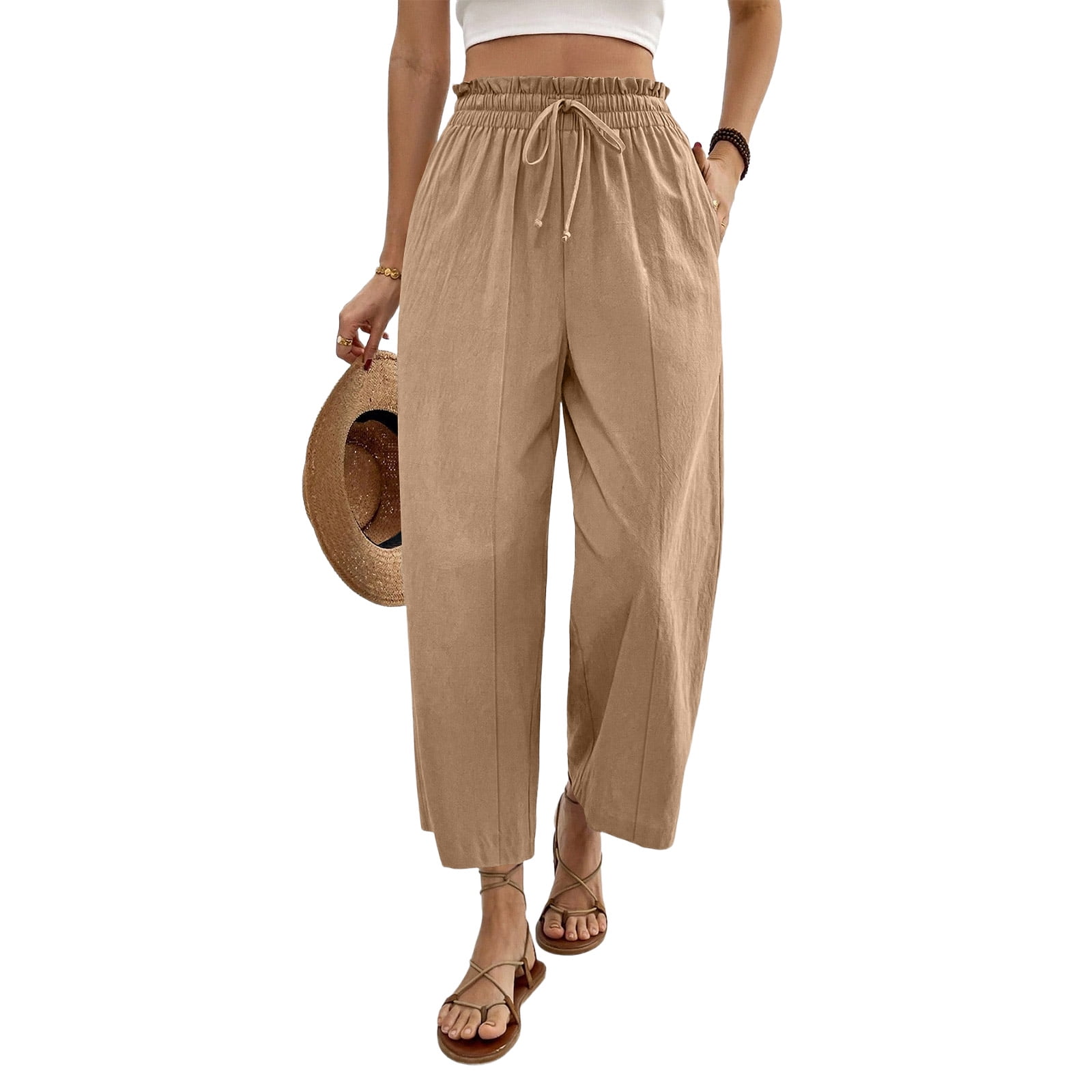Nestiefly Linen Capri Pants for Women High Waisted Wide Leg Pants