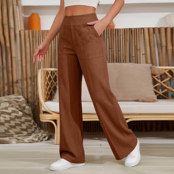 Nestiefly Linen Pants Women 2026 Summer Casual High Waist Straight Leg Trousers Lightweight Loose Plus Size Pant with Pockets Coffee S